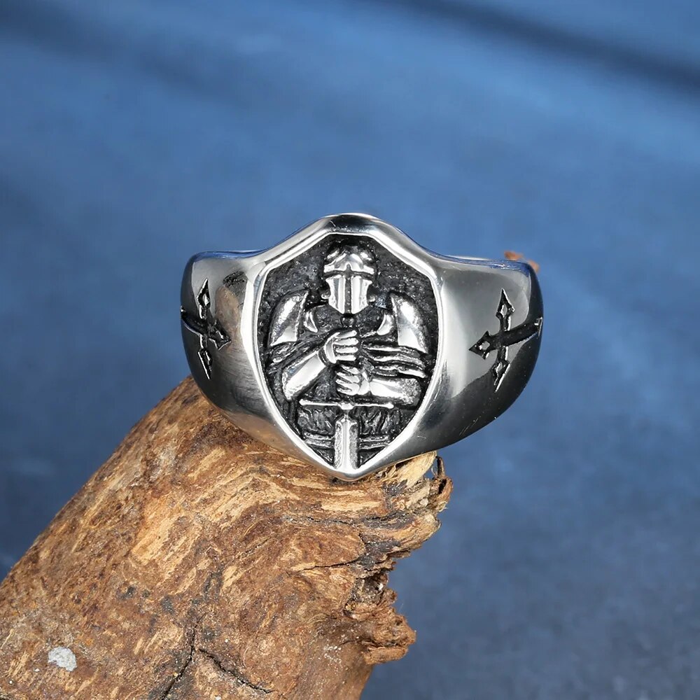 Knights Templar Commandery Ring - Stainless Steel With Armor Shield - Bricks Masons