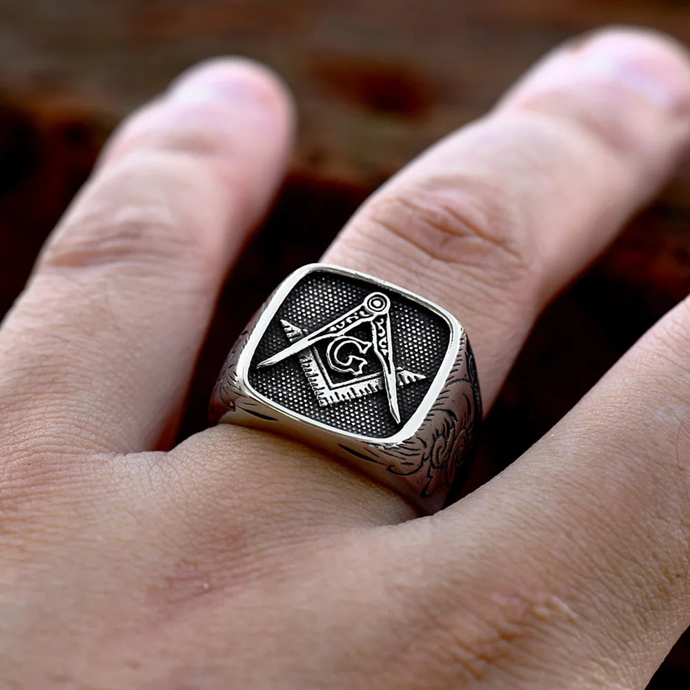 Master Mason Blue Lodge Ring - Stainless Steel Square & Compass G with Motifs