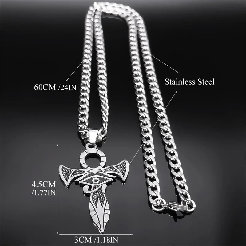 Ancient Egypt Necklace - Eye Of Horus Stainless Steel Ankh Cross - Bricks Masons