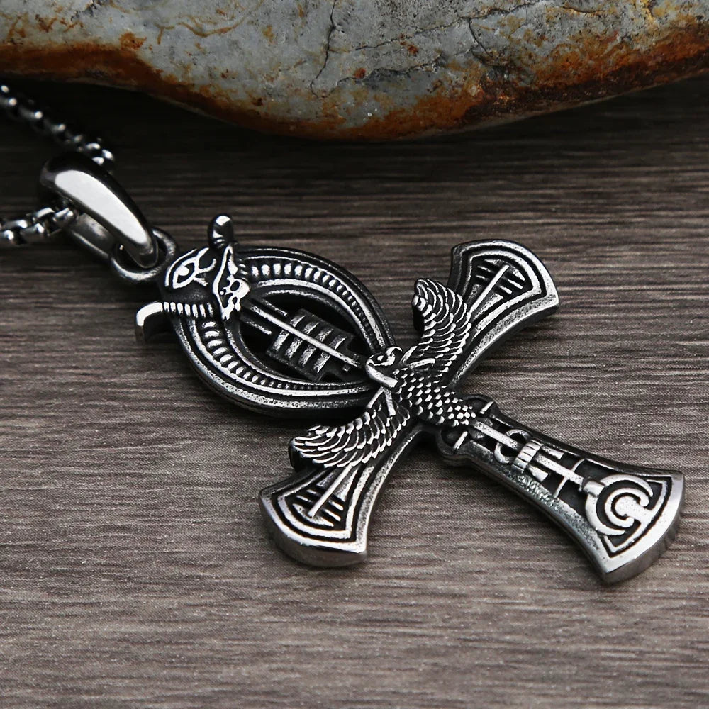 Ancient Egypt Necklace - Ankh Cross Stainless Steel With Eye Of Horus - Bricks Masons