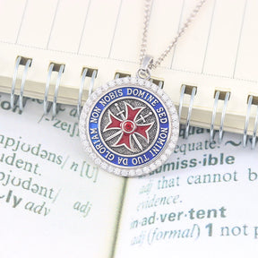 Knights Templar Pendant - Convexity Round Red Cross Frame Sword Sterling Silver - Bricks Masons