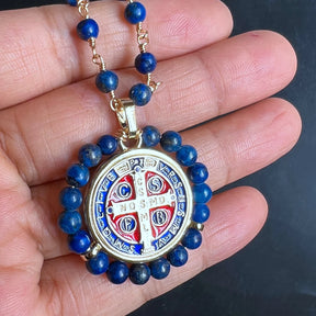 Knights Templar Commandery Necklace - Saint Benedict Natural Lapis Beads - Bricks Masons