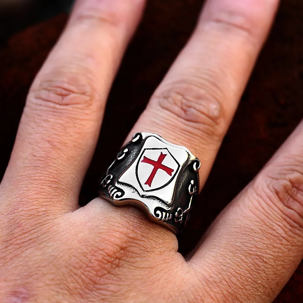 Knights Templar Commandery Ring - Stainless Steel With Red Cross - Bricks Masons