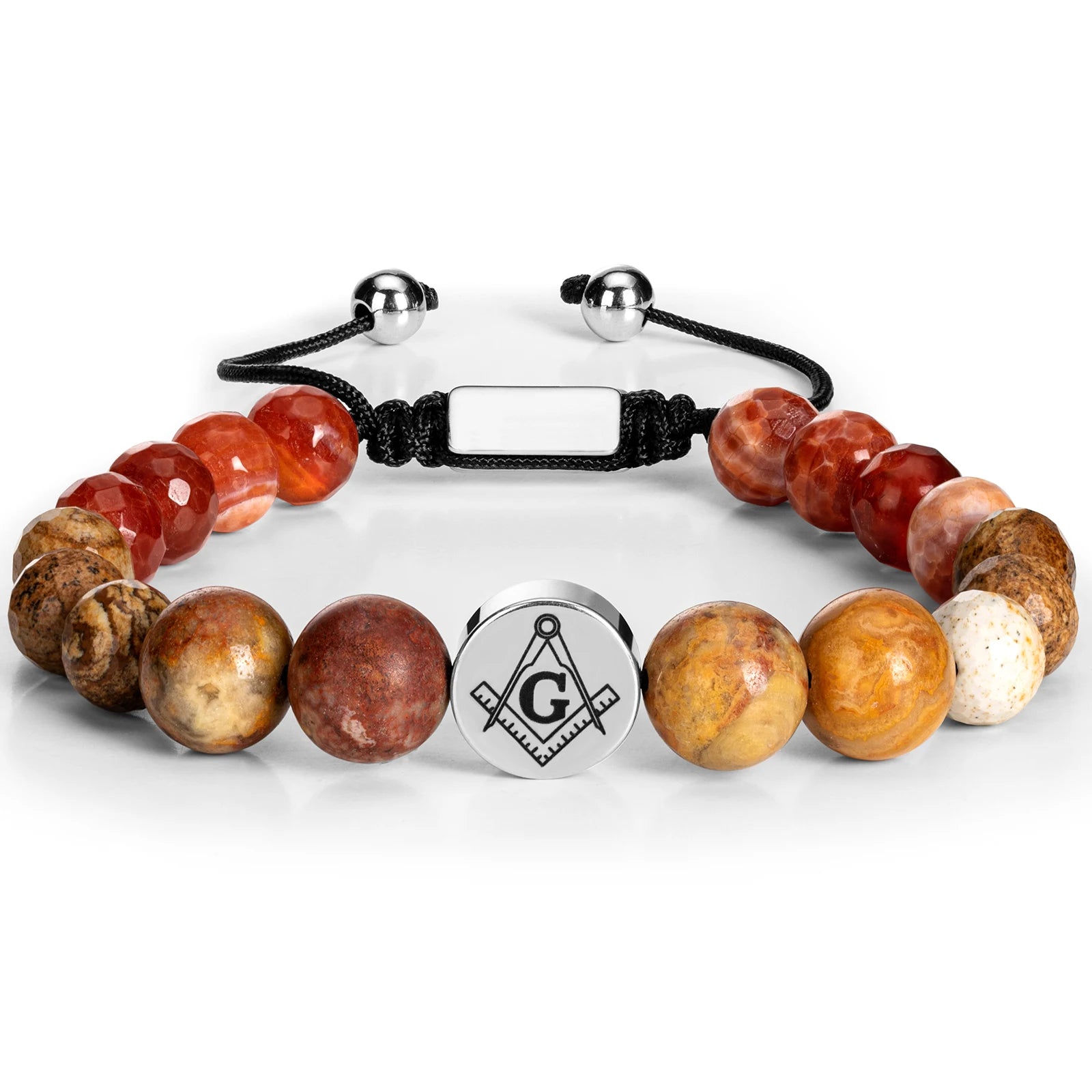 Master Mason Blue Lodge Bracelet - Stainless Steel With Red Agate Stones - Bricks Masons