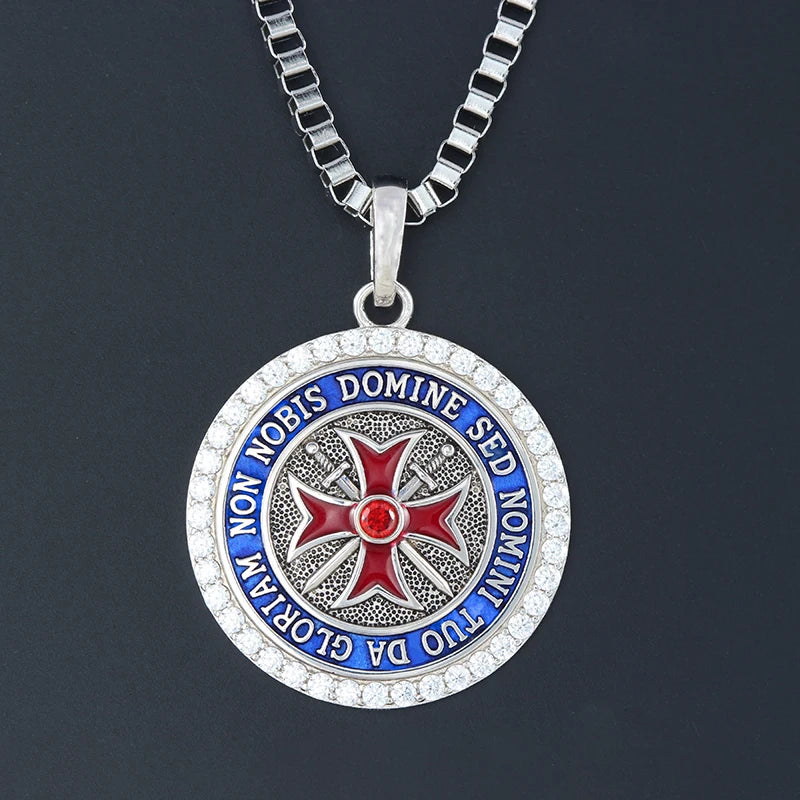 Knights Templar Pendant - Convexity Round Red Cross Frame Sword Sterling Silver - Bricks Masons