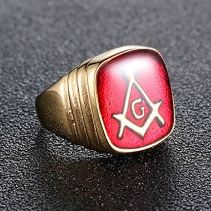 Master Mason Blue Lodge Ring - Casted Square & Compass G Red Stainless Steel