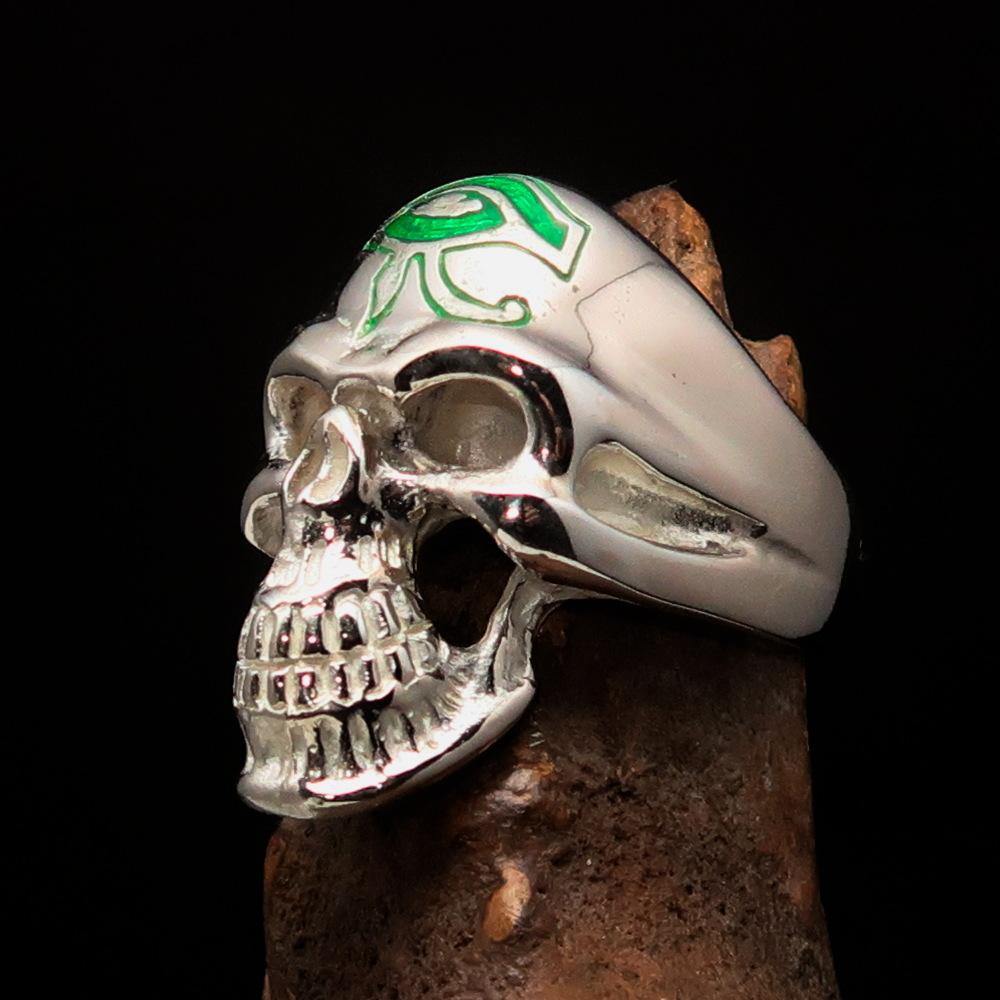 Ancient Egypt Keychain - Green Eye of Horus Skull Sterling Silver - Bricks Masons