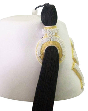 DOI Fez Hat - Pure White Hand Embroidered with Gold Bullion Underlay - Bricks Masons