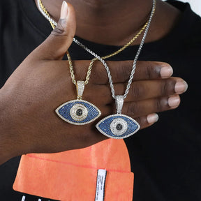 Eye Of Providence Necklaces - Uwin Blue Eyes Pendant Evil Iced Out Blue White Cubic Zirconia - Bricks Masons