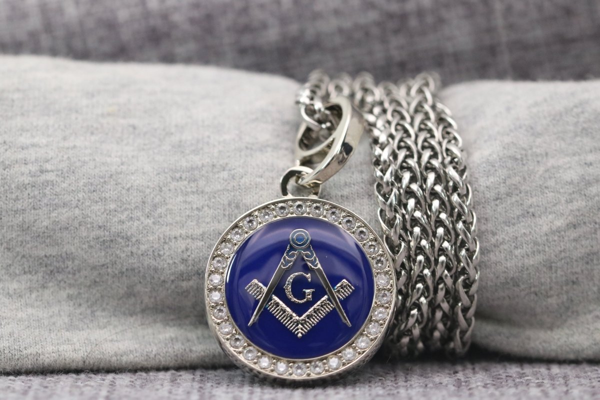Master Mason Blue Lodge Necklace - White Gold Plated With Blue - Bricks Masons
