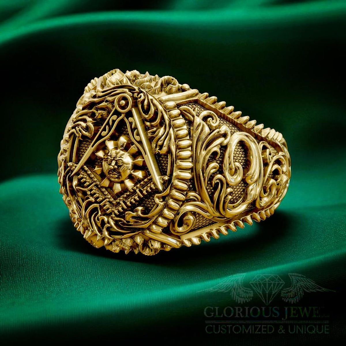 Master Mason Blue Lodge Ring - Square & Compass With Sun Various Materials - Bricks Masons