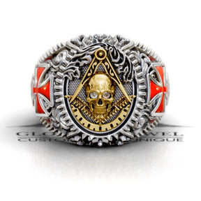 Master Mason Blue Lodge Ring - Square & Compass With Skull & Red Cross - Bricks Masons