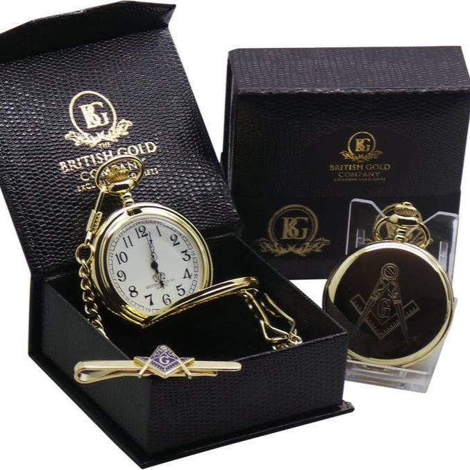 Master Mason Blue Lodge Pocket Watch - 24k Clad Gold Tie Clip Gift Set - Bricks Masons