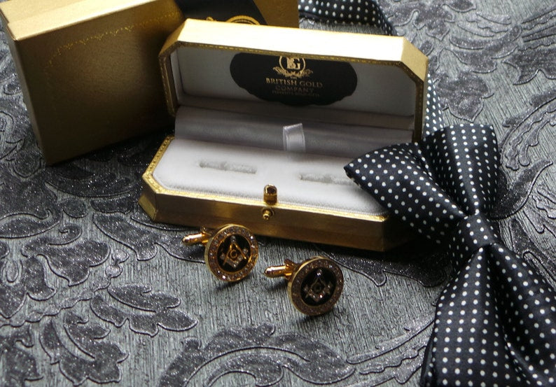 Master Mason Blue Lodge Cufflinks - Gold Crystal Luxury Gift Set - Bricks Masons