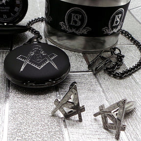 Master Mason Blue Lodge Pocket Watch - Black Luxury Set With Cufflinks Custom Engraving - Bricks Masons