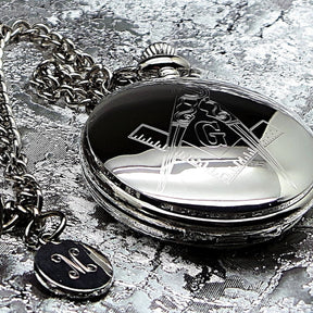 Master Mason Blue Lodge Pocket Watch - Custom Engraving Silver Chain - Bricks Masons