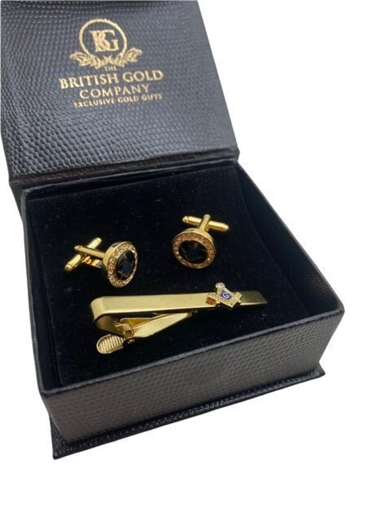 Master Mason Blue Lodge Cufflinks - Gold Crystal Tie Clip Set - Bricks Masons