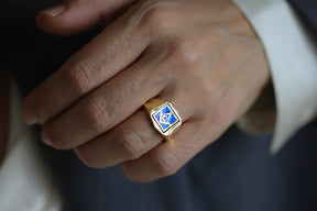 Master Mason Blue Lodge Ring - Solid Gold & Blue Enamel Swivel - Bricks Masons