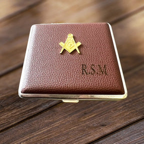 Master Mason Blue Lodge Cigarette Case - Personalised Leather Case Metal Gold Emblem - Bricks Masons