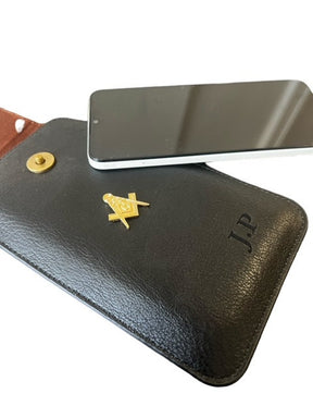 Master Mason Blue Lodge Phone Case - Leather Black case Engraved Belt Loop - Bricks Masons