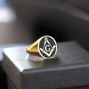 Master Mason Blue Lodge Ring - Gold With Black Enamel Various Materials - Bricks Masons