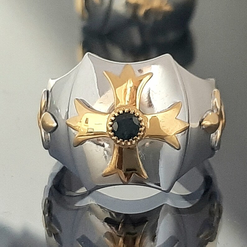Knights Templar Ring - Gold Plated Cross Sterling Silver & Blue Sapphire - Bricks Masons