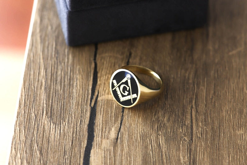 Master Mason Blue Lodge Ring - Gold & Black Enamel Various Materials - Bricks Masons