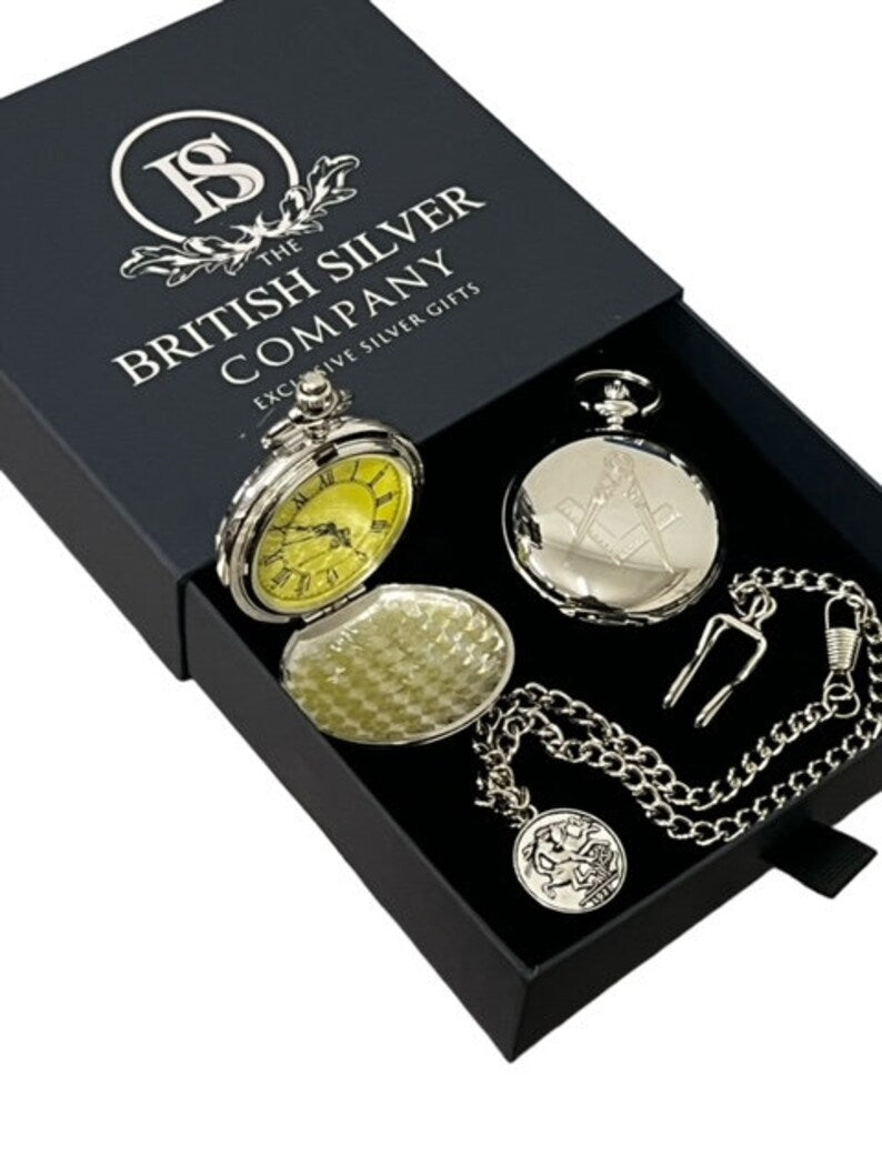 Master Mason Blue Lodge Pocket Watch - Custom Engraving Silver Chain - Bricks Masons