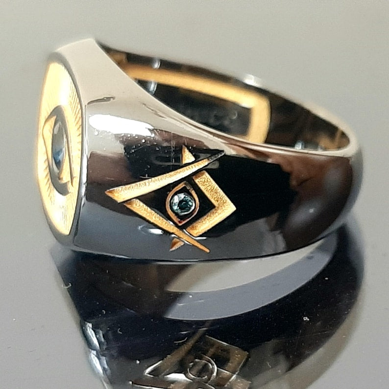 Eye of providence Ring - Sapphire Eye Square & Compass Sterling Silver-Sterling silver ring - Bricks Masons