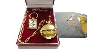 Master Mason Blue Lodge Pocket Watch - 24k Gold Plated Quality Keychain With PW Luxury Gift Case - Bricks Masons