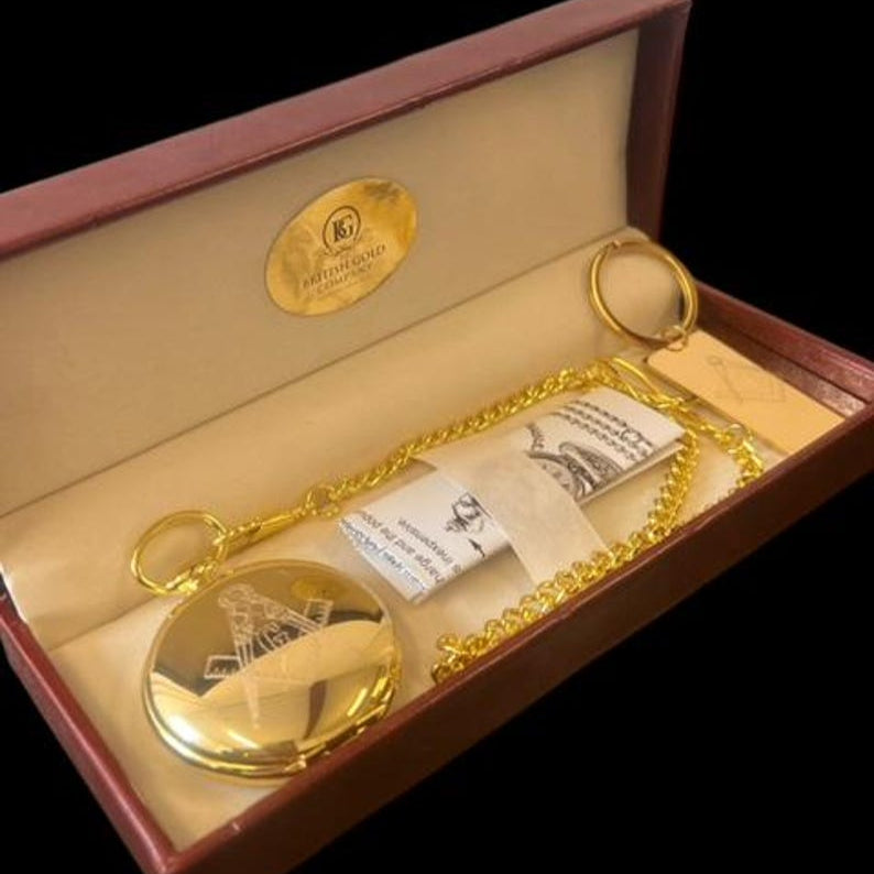 Master Mason Blue Lodge Pocket Watch - 24k Gold Clad Keyring Luxury Gift Set - Bricks Masons