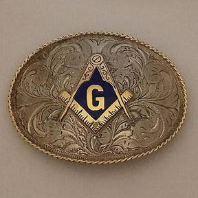 Master Mason Blue Lodge Belt Buckle - Blue & Silver Square Compass G Hand Engraved - Bricks Masons
