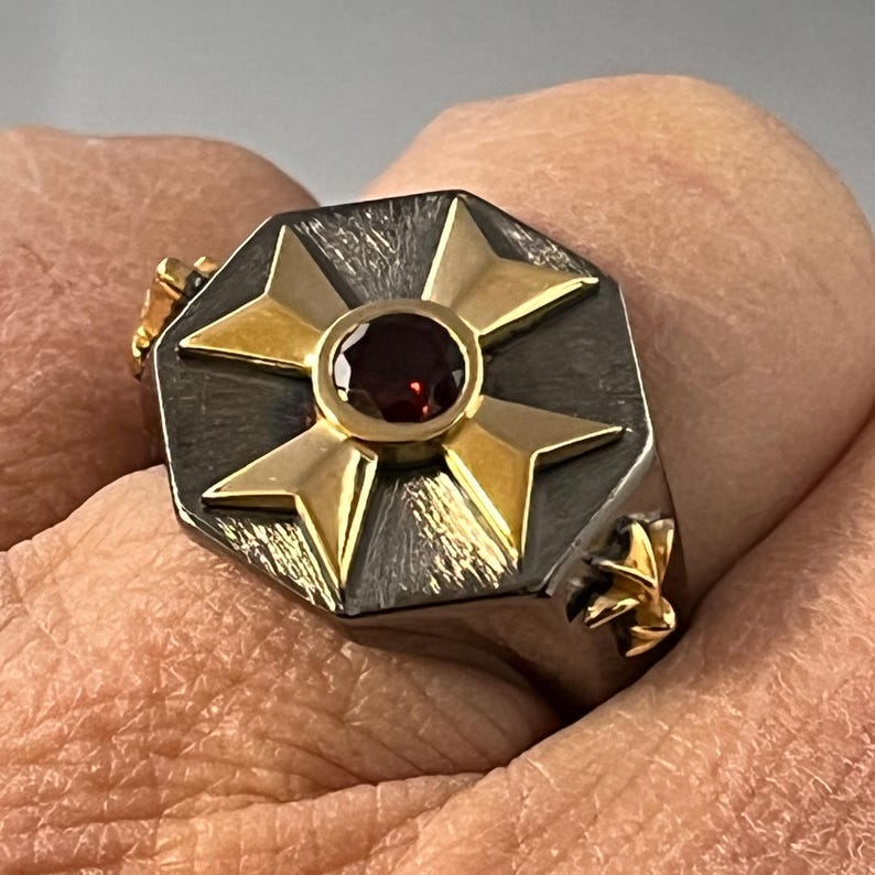 Order Of Malta Ring - Blackened Sterling Silver Garnet & Diamond - Bricks Masons