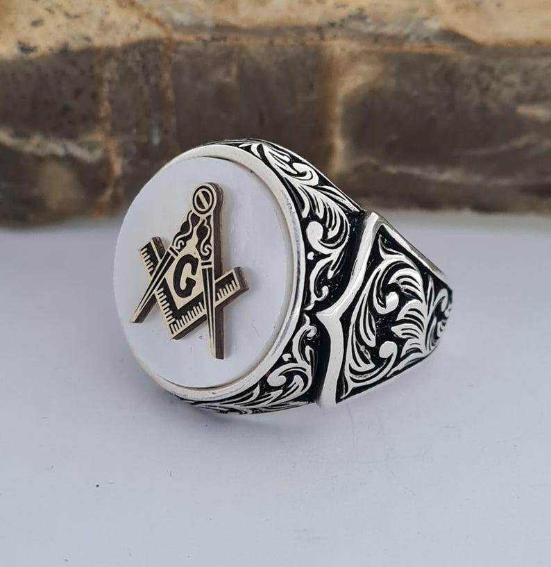 Master Mason Blue Lodge Ring - Handmade Sterling Silver Mother of Pearl - Bricks Masons
