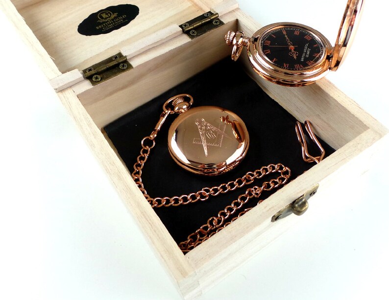 Master Mason Blue Lodge Pocket Watch - Custom Engraved 18k Rose Gold Full Hunter Emblem - Bricks Masons