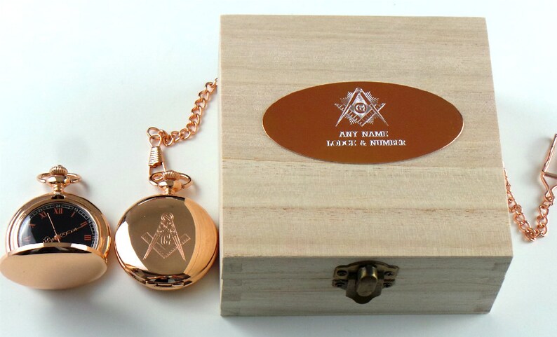Master Mason Blue Lodge Pocket Watch - Custom Engraved 18k Rose Gold Full Hunter Emblem - Bricks Masons