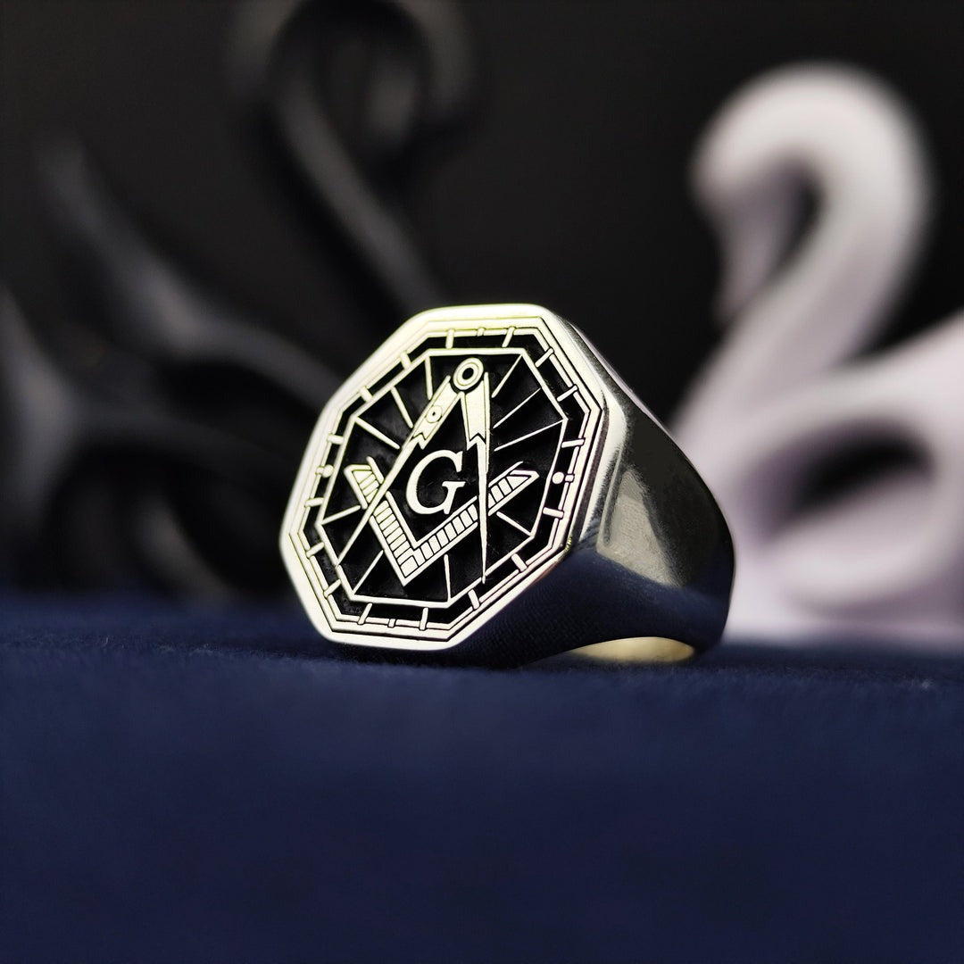 Master Mason Blue Lodge Ring - Black & Silver Handcrafted Square & Compass G - Bricks Masons