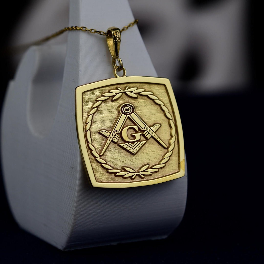 Master Mason Blue Lodge Necklace - Gold Color Square & Compass G Customizable - Bricks Masons