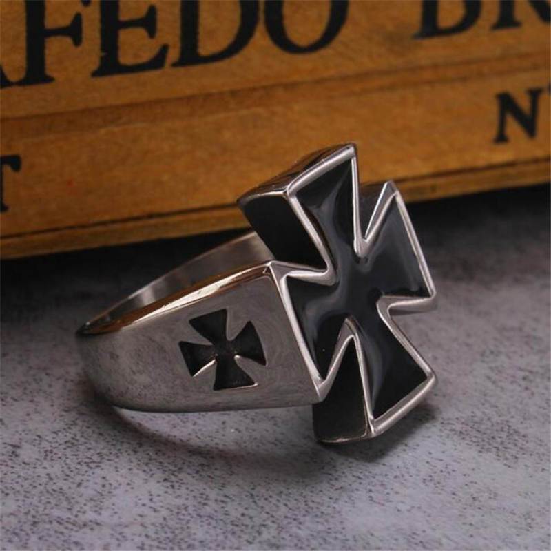 Knights Templar Ring - 25mm Stainless Steel Black Cross - Bricks Masons