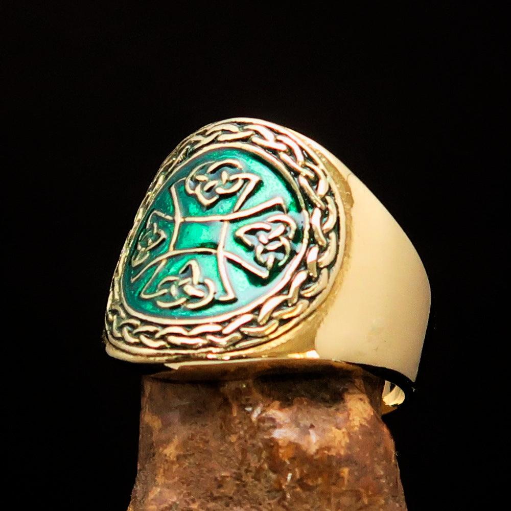 Knights Templar Ring - Brass Green Celtic Cross - Bricks Masons