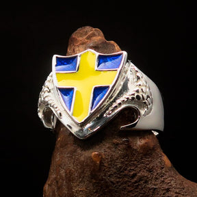 Knights Templar Ring - Flag of Sweden Yellow Cross on Blue Sterling Silver - Bricks Masons