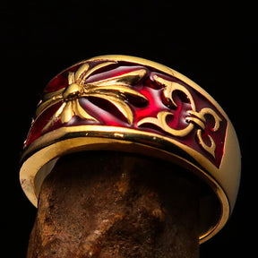 Knights Templar Ring - Gold & Red Brass Cross - Bricks Masons