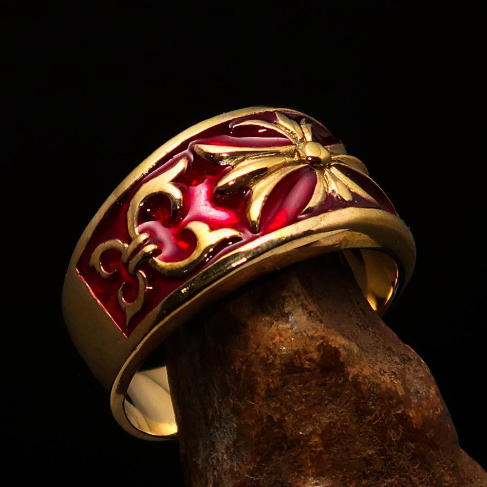 Knights Templar Ring - Gold & Red Brass Cross - Bricks Masons