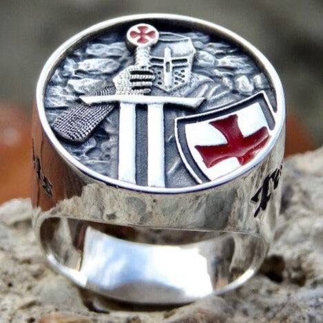 Knights Templar Ring - Red Armor Shield Crusader Cross - Bricks Masons