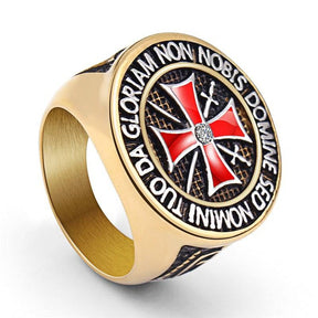 Knights Templar Ring - Stainless Steel Rhinestone Red Cross - Bricks Masons