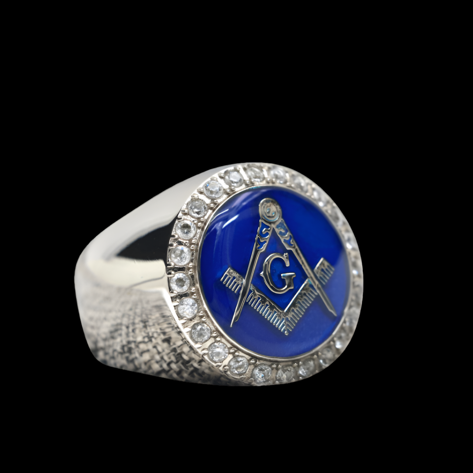 Master Mason Blue Lodge Ring - Sterling Silver Blue Face S&C G - Bricks Masons