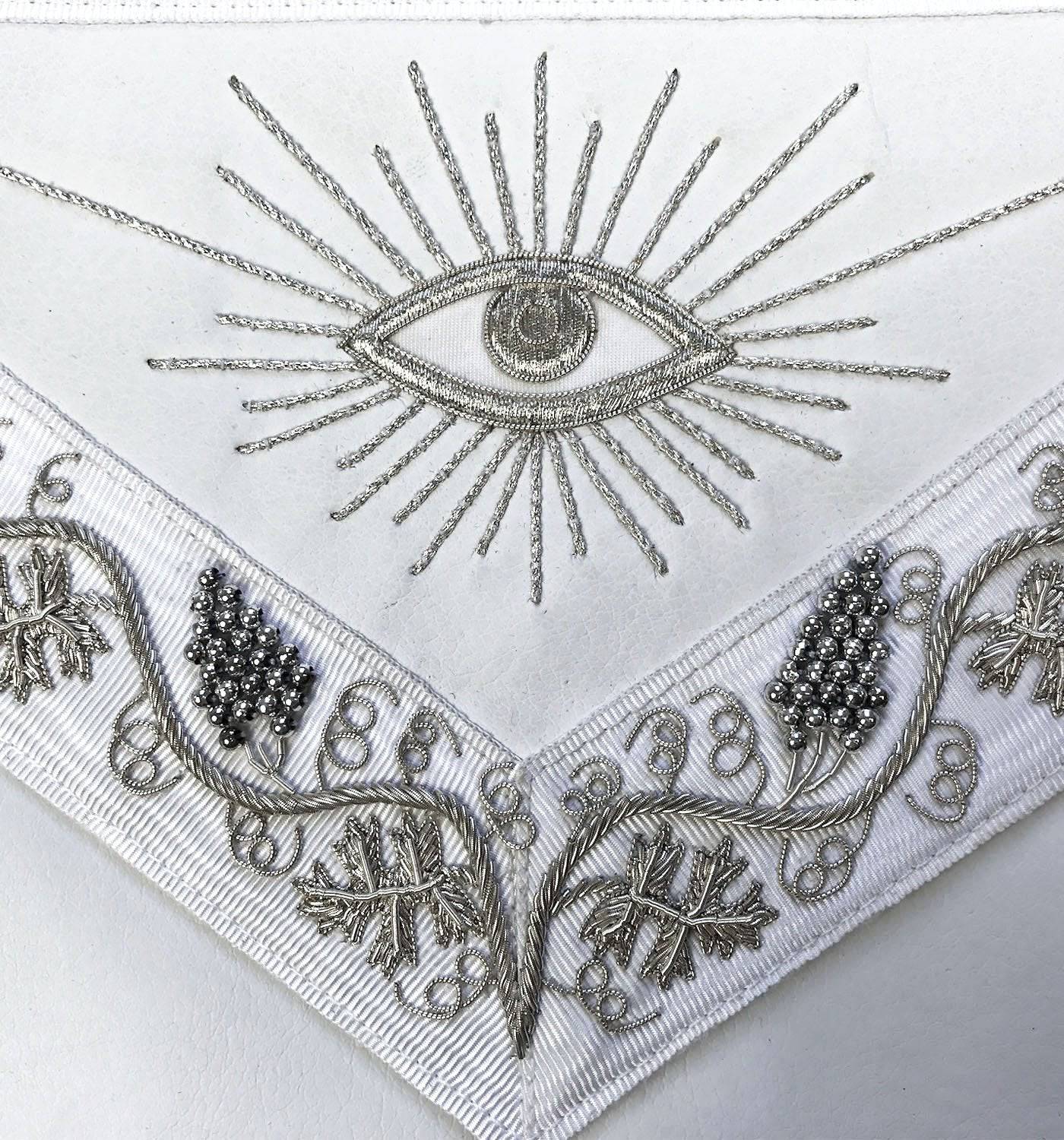 Master Mason Blue Lodge Apron - White Moire Ribbon with Silver Hand Embroidery - Bricks Masons