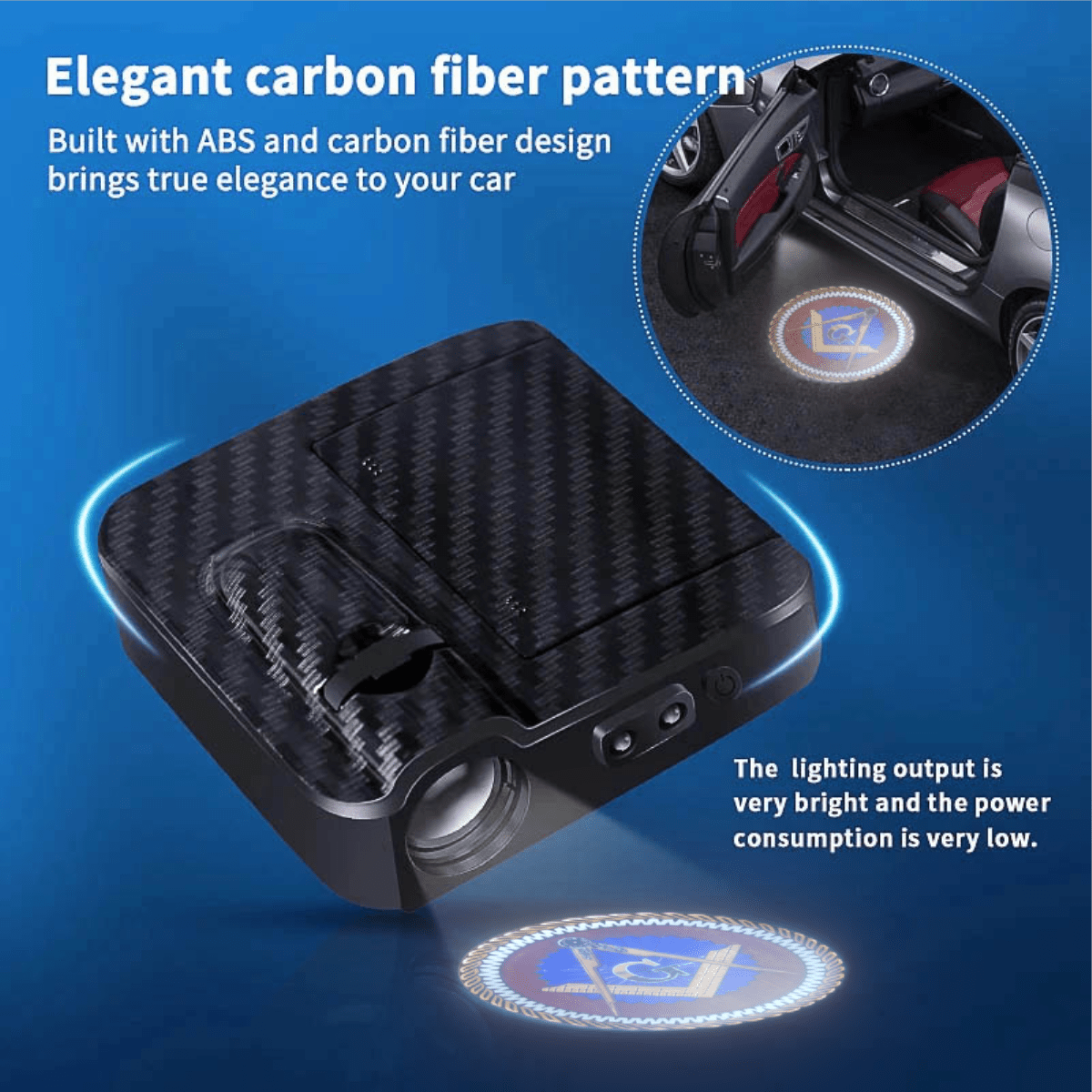 Master Mason Blue Lodge Car Door Light Projector - 2 Pieces Wireless LED Square & Compass - Bricks Masons