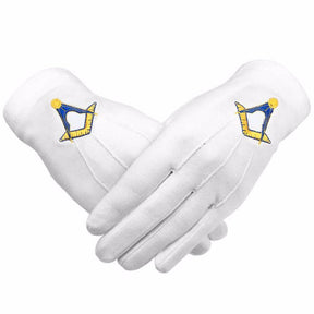 Master Mason Blue Lodge Gloves - Cotton with Yellow and Blue Square & Compass - Bricks Masons