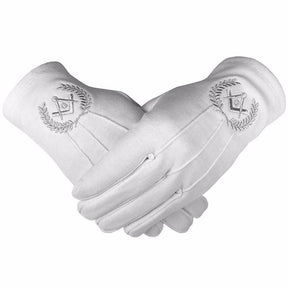 Master Mason Blue Lodge Gloves - White Cotton with Silver Square & Compass G - Bricks Masons